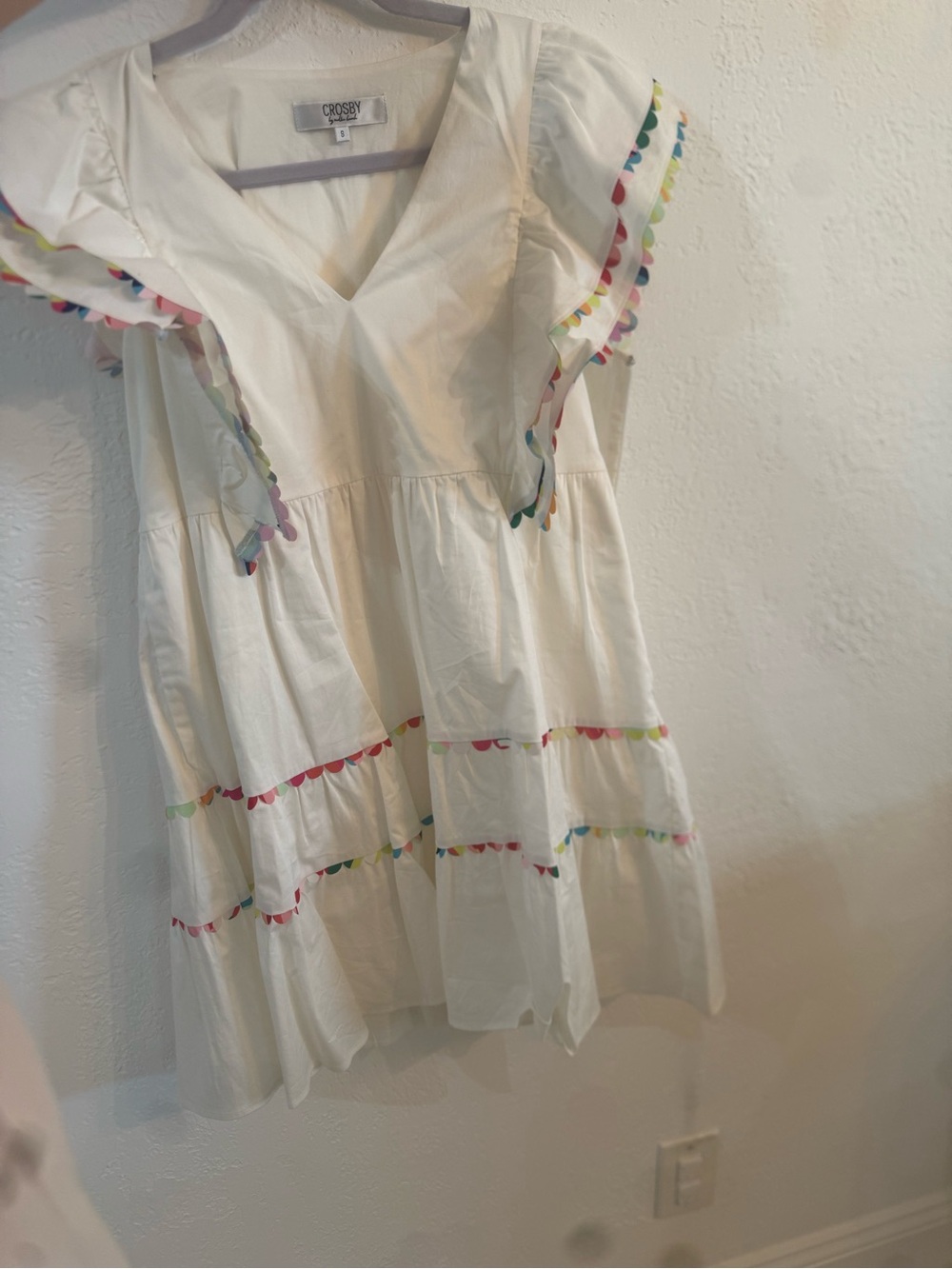 CROSBY by Mollie Burch White Tiered Cotton Dress with Multicolor Trim